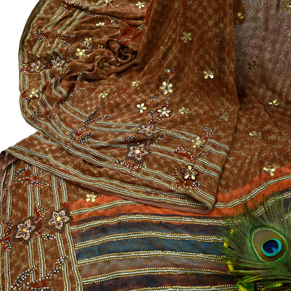 Indian Vintage Heavy Sarees Brown Pure Georgette Silk Hand Embroidered Sari Fabric 5Yd Sewing Ethnic Zardozi/dabka zari Wedding sarees