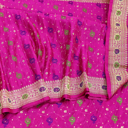 Indian Vintage Sari Magenta Heavy Pure Satin Silk Woven Banarasi Brocade Saree Zari 5Yd Ethnic Dress making Crafting Bollywood