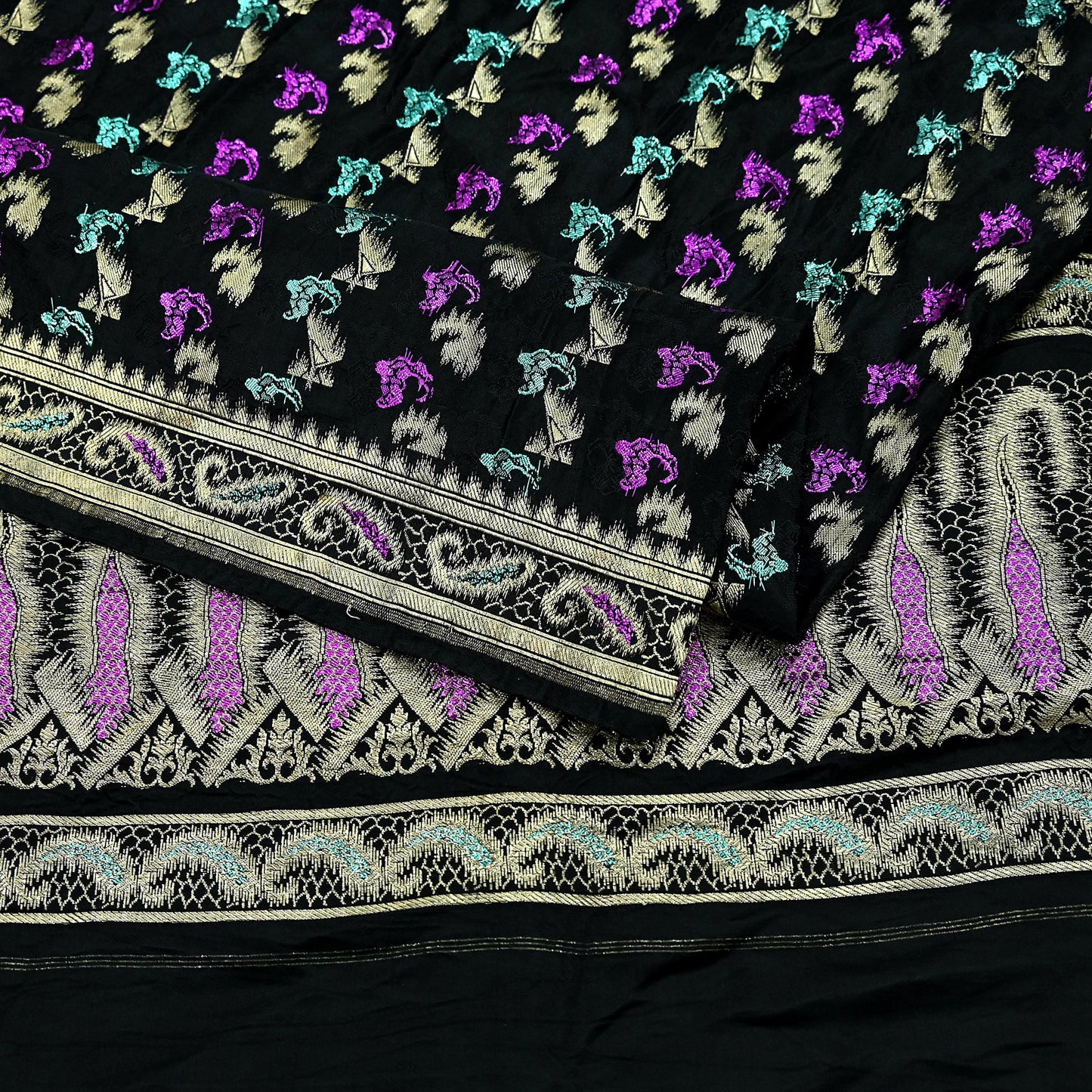 Indian Vintage Sari Heavy Black Pure Satin Silk Brocade Banarasi Sarees Zari 5Yd craft fabric dress making Crafting Upcycle