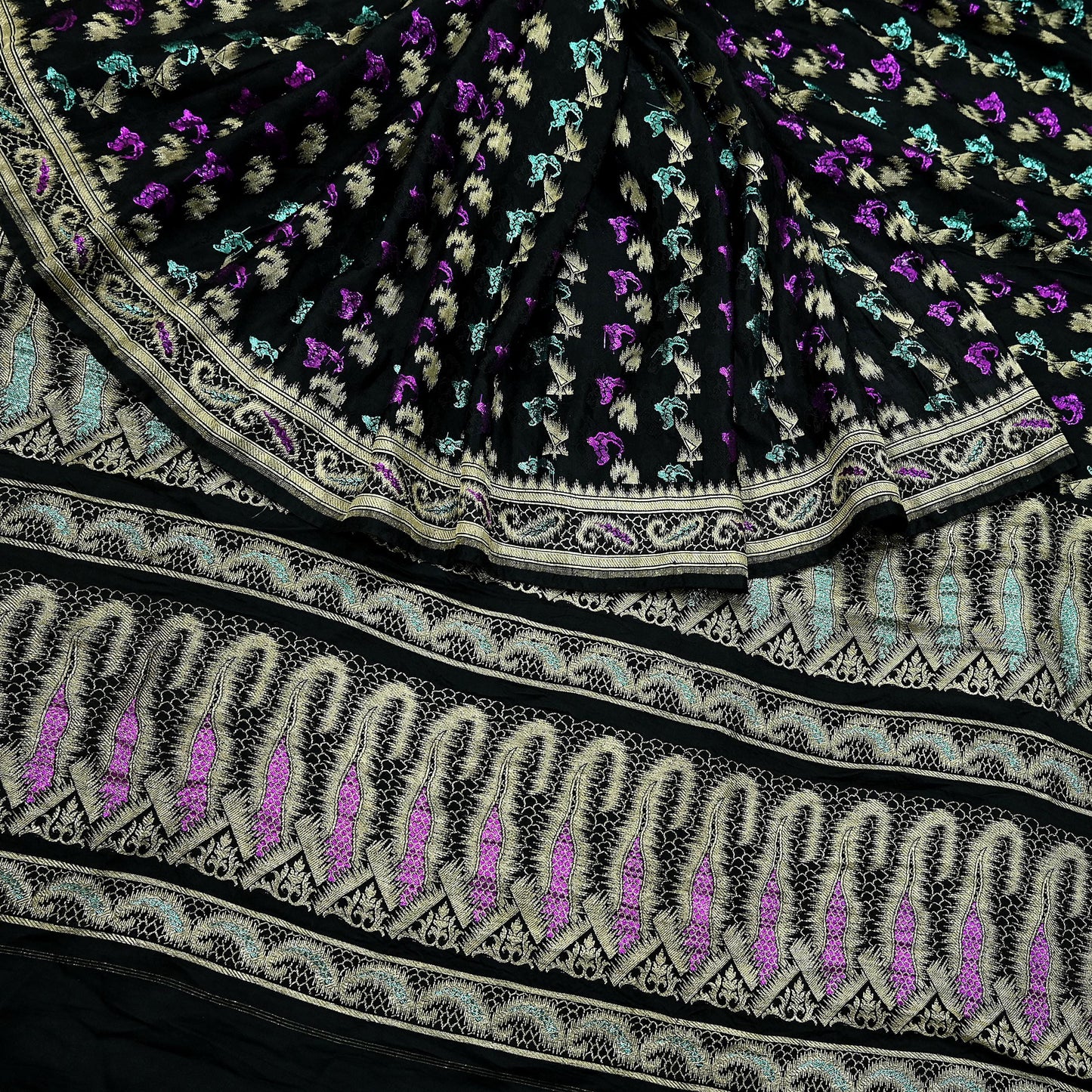 Indian Vintage Sari Heavy Black Pure Satin Silk Brocade Banarasi Sarees Zari 5Yd craft fabric dress making Crafting Upcycle