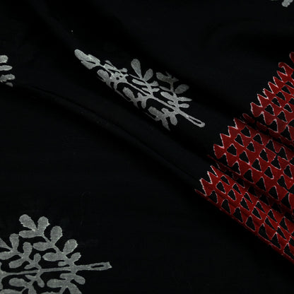Indian Vintage Dupatta Black Long Stole Block Print Pure Chanderi Silk Scarves Veil Zari Wrap Hijab Fringes