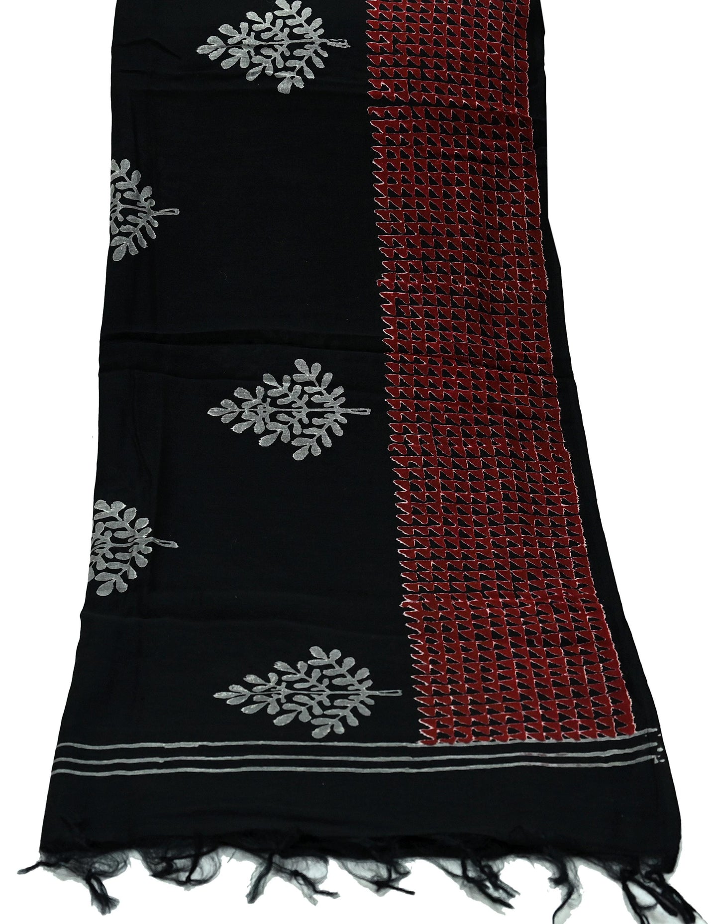 Indian Vintage Dupatta Black Long Stole Block Print Pure Chanderi Silk Scarves Veil Zari Wrap Hijab Fringes