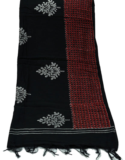 Indian Vintage Dupatta Black Long Stole Block Print Pure Chanderi Silk Scarves Veil Zari Wrap Hijab Fringes