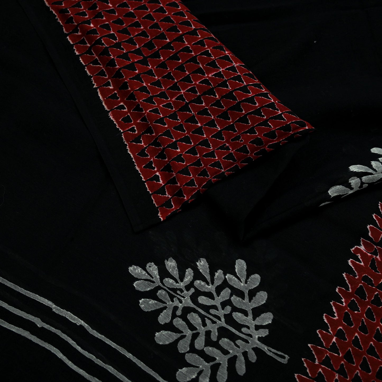 Indian Vintage Dupatta Black Long Stole Block Print Pure Chanderi Silk Scarves Veil Zari Wrap Hijab Fringes