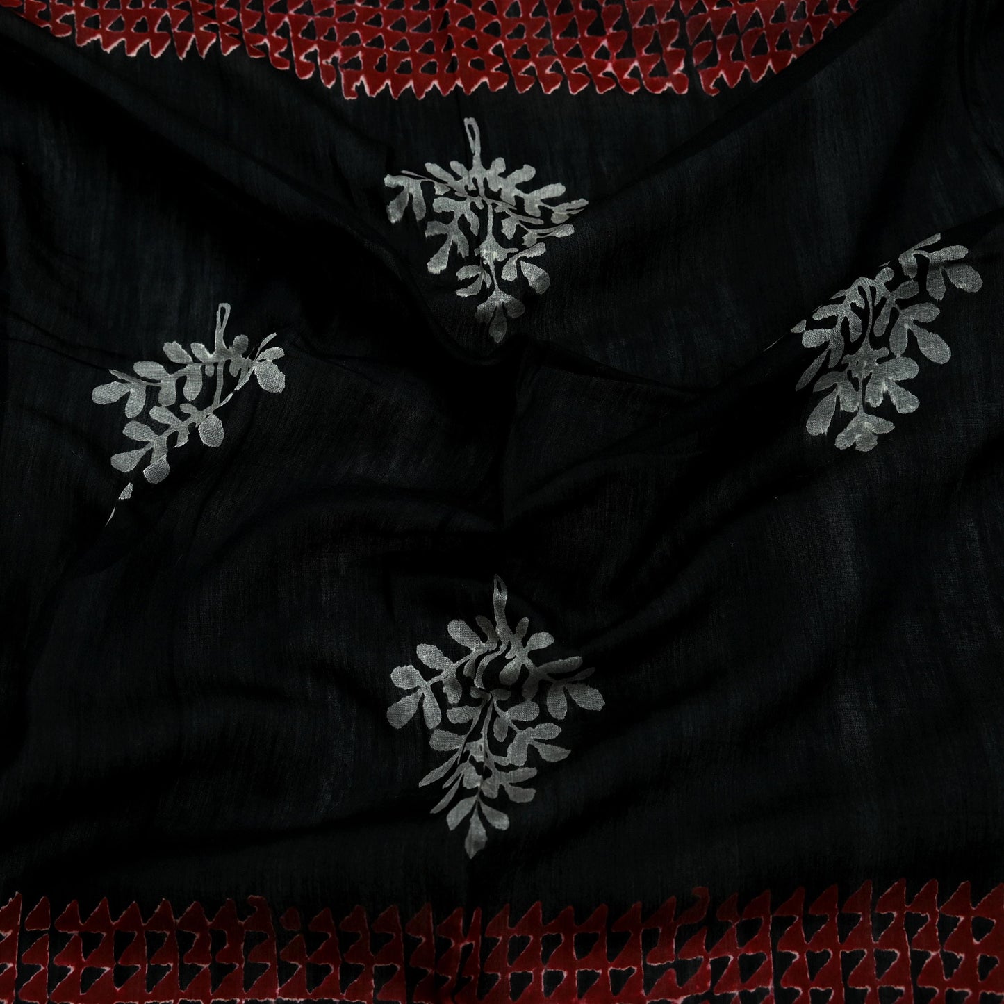 Indian Vintage Dupatta Black Long Stole Block Print Pure Chanderi Silk Scarves Veil Zari Wrap Hijab Fringes