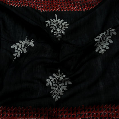 Indian Vintage Dupatta Black Long Stole Block Print Pure Chanderi Silk Scarves Veil Zari Wrap Hijab Fringes