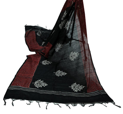 Indian Vintage Dupatta Black Long Stole Block Print Pure Chanderi Silk Scarves Veil Zari Wrap Hijab Fringes