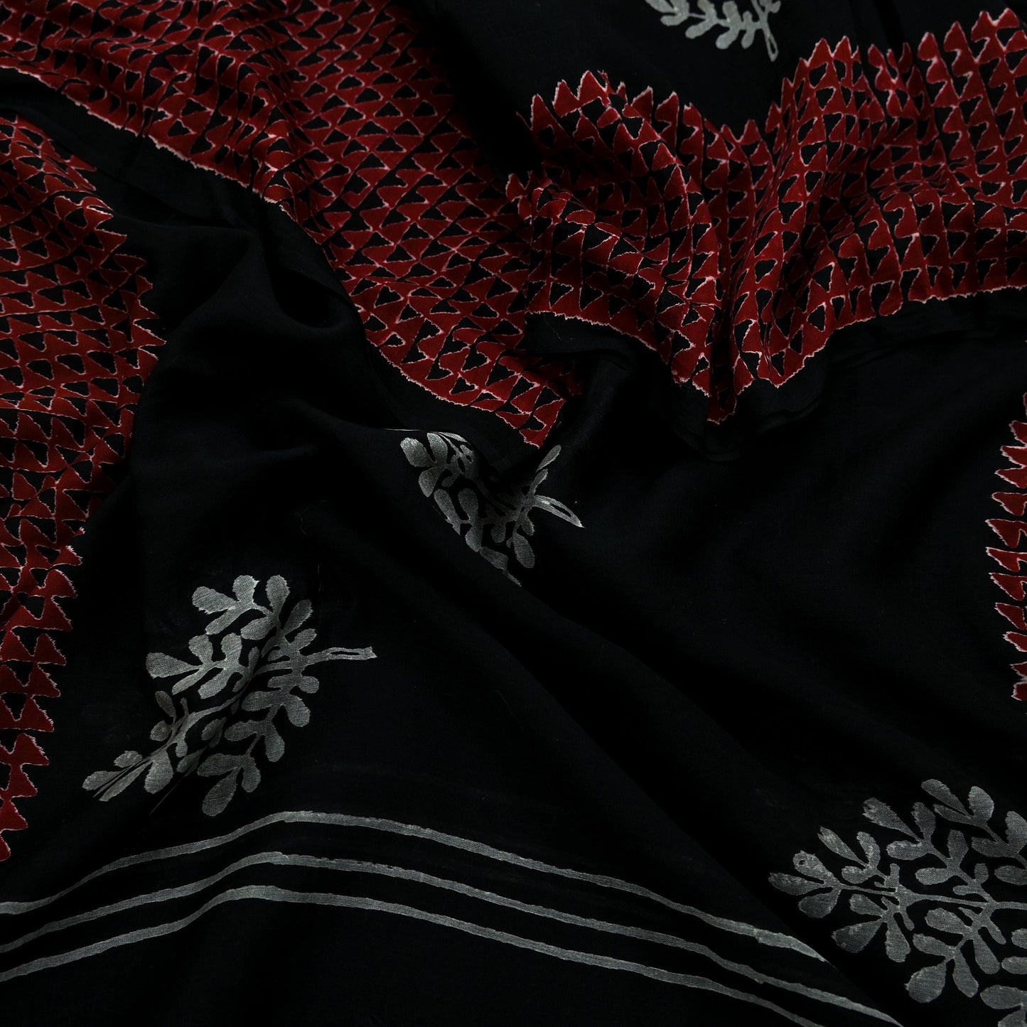 Indian Vintage Dupatta Black Long Stole Block Print Pure Chanderi Silk Scarves Veil Zari Wrap Hijab Fringes