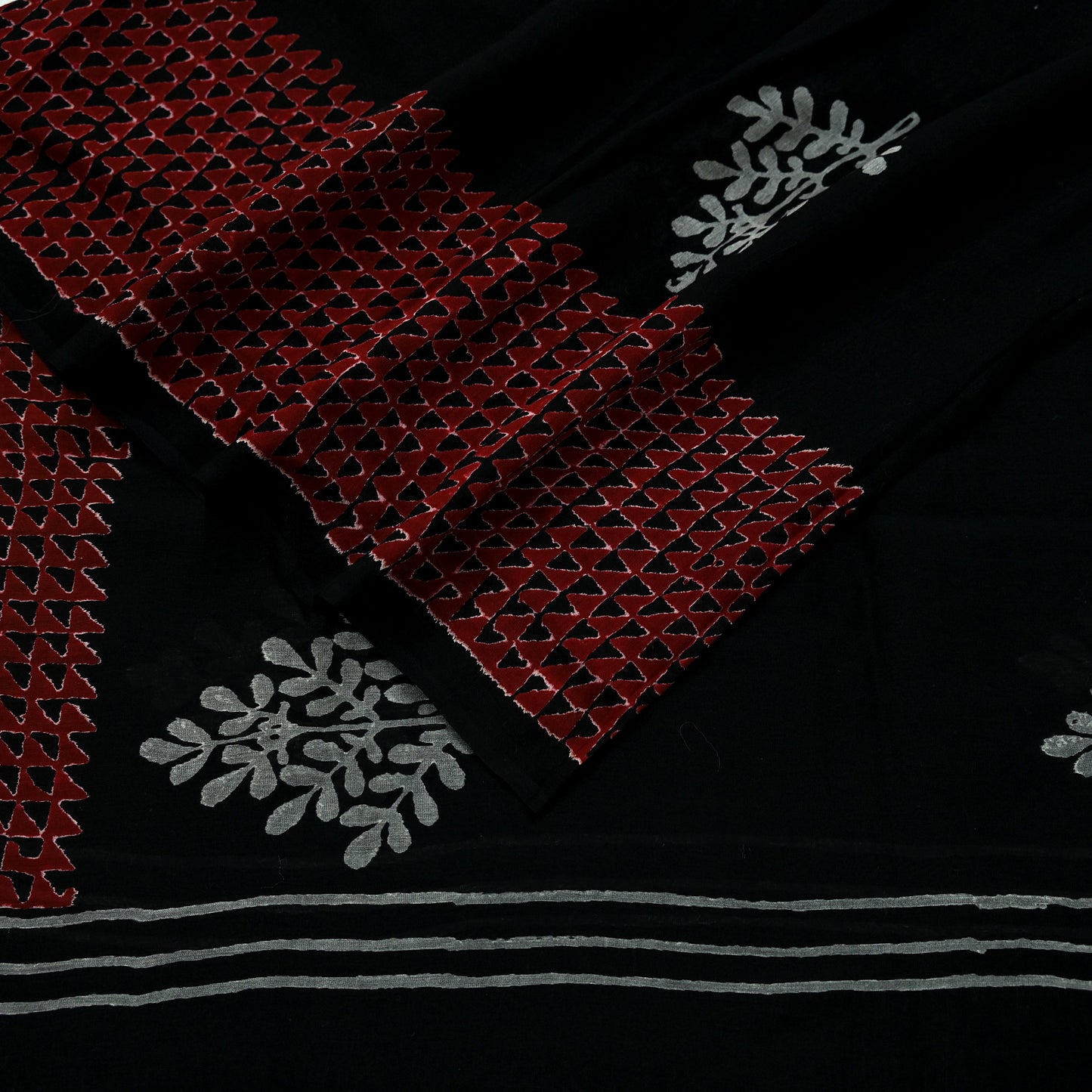 Indian Vintage Dupatta Black Long Stole Block Print Pure Chanderi Silk Scarves Veil Zari Wrap Hijab Fringes