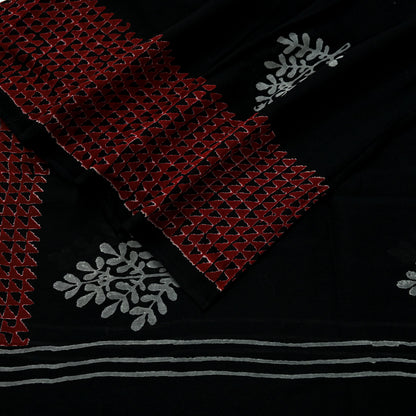 Indian Vintage Dupatta Black Long Stole Block Print Pure Chanderi Silk Scarves Veil Zari Wrap Hijab Fringes