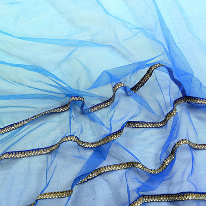 Indian Vintage Light Blue & Green Net/Mesh Design Fabric Dress Designing Sari Fabric Dressmaking For Craft Floral design 3yards