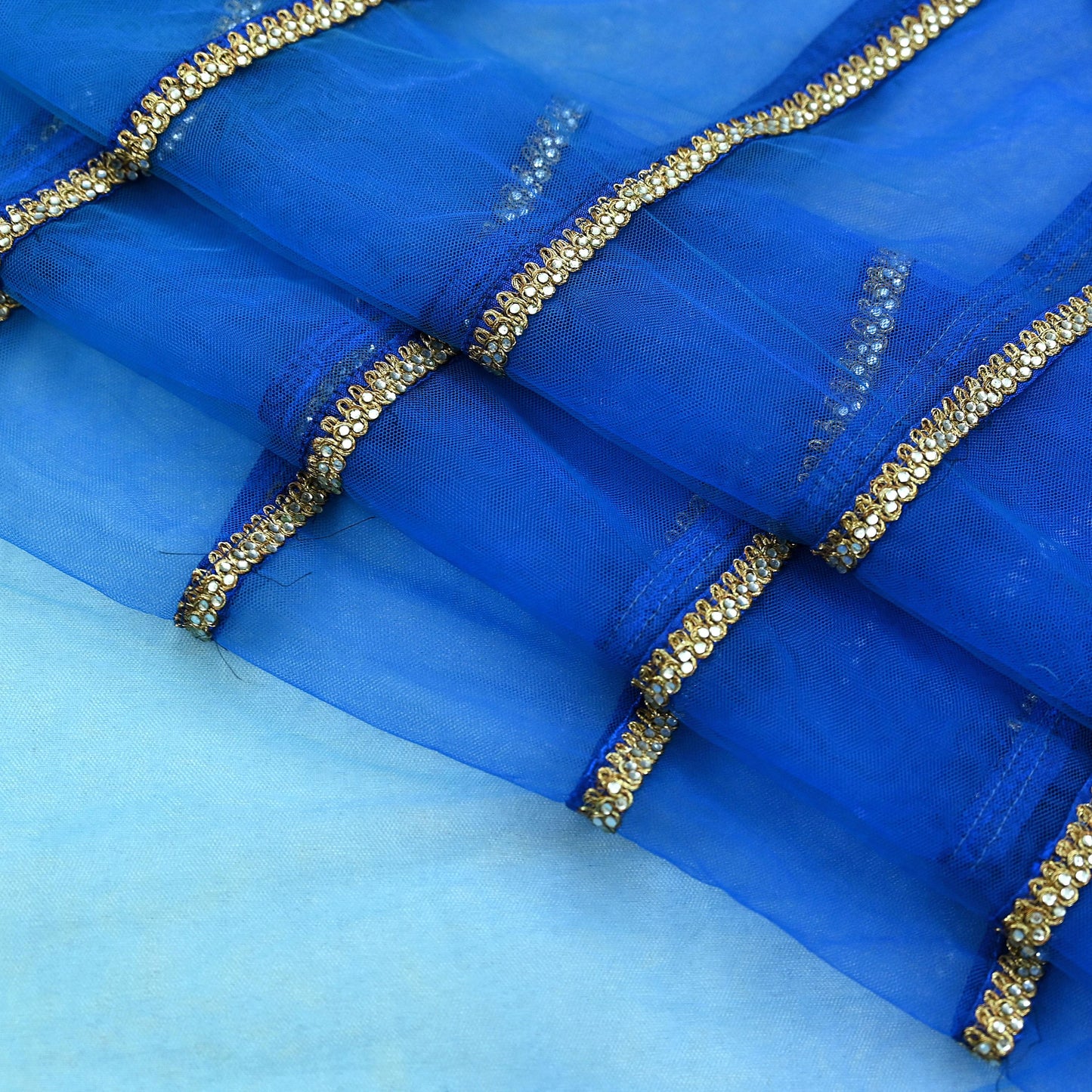 Indian Vintage Light Blue & Green Net/Mesh Design Fabric Dress Designing Sari Fabric Dressmaking For Craft Floral design 3yards