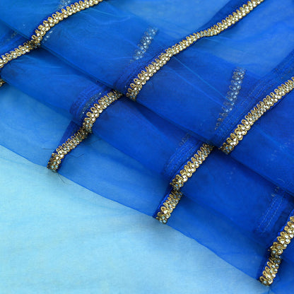 Indian Vintage Light Blue & Green Net/Mesh Design Fabric Dress Designing Sari Fabric Dressmaking For Craft Floral design 3yards