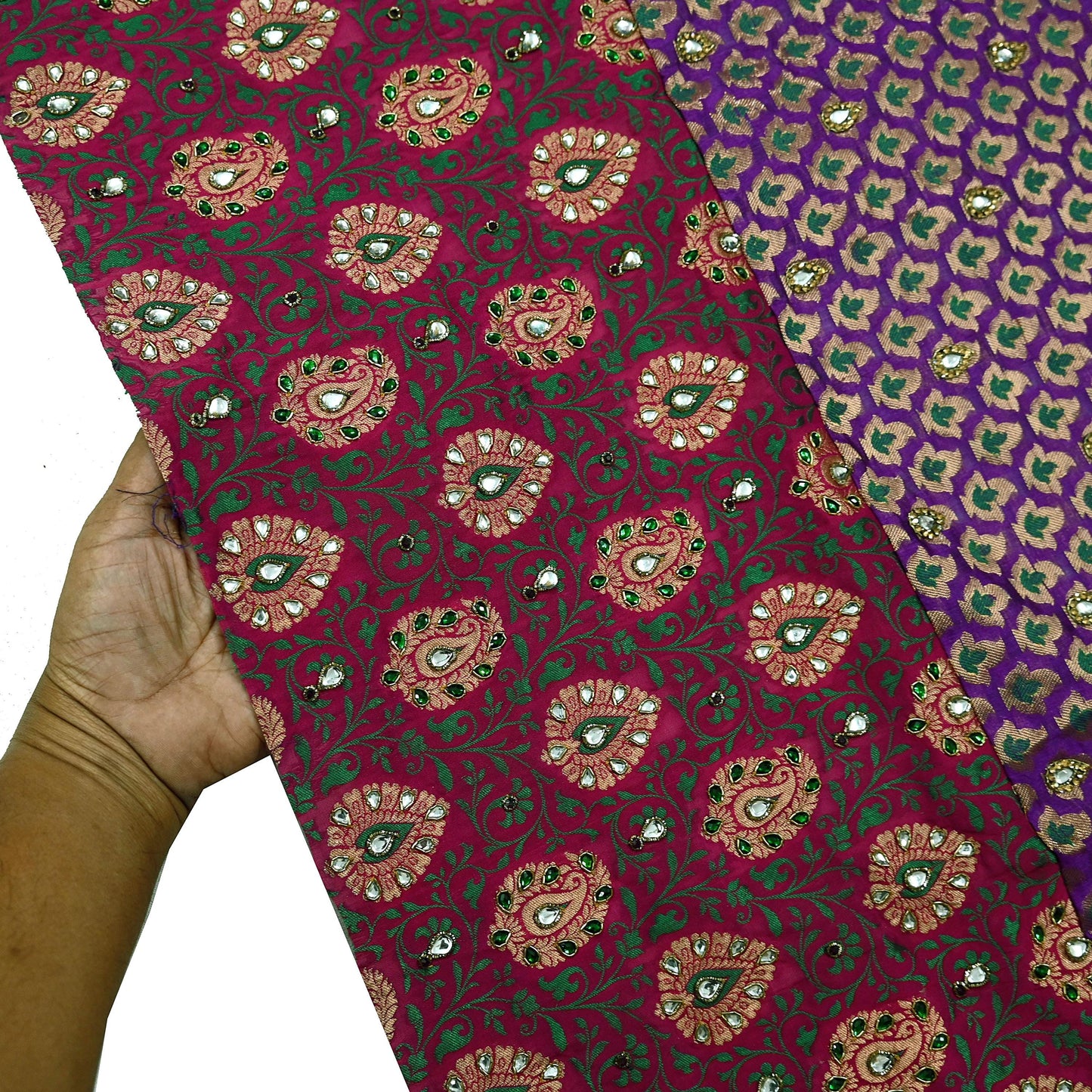 Indian Pink & Purple Chanderi Hand Hand Embroidred/Woven Brocade Banarasi Zari Design Fabric 110"X17" Used in Different Designing