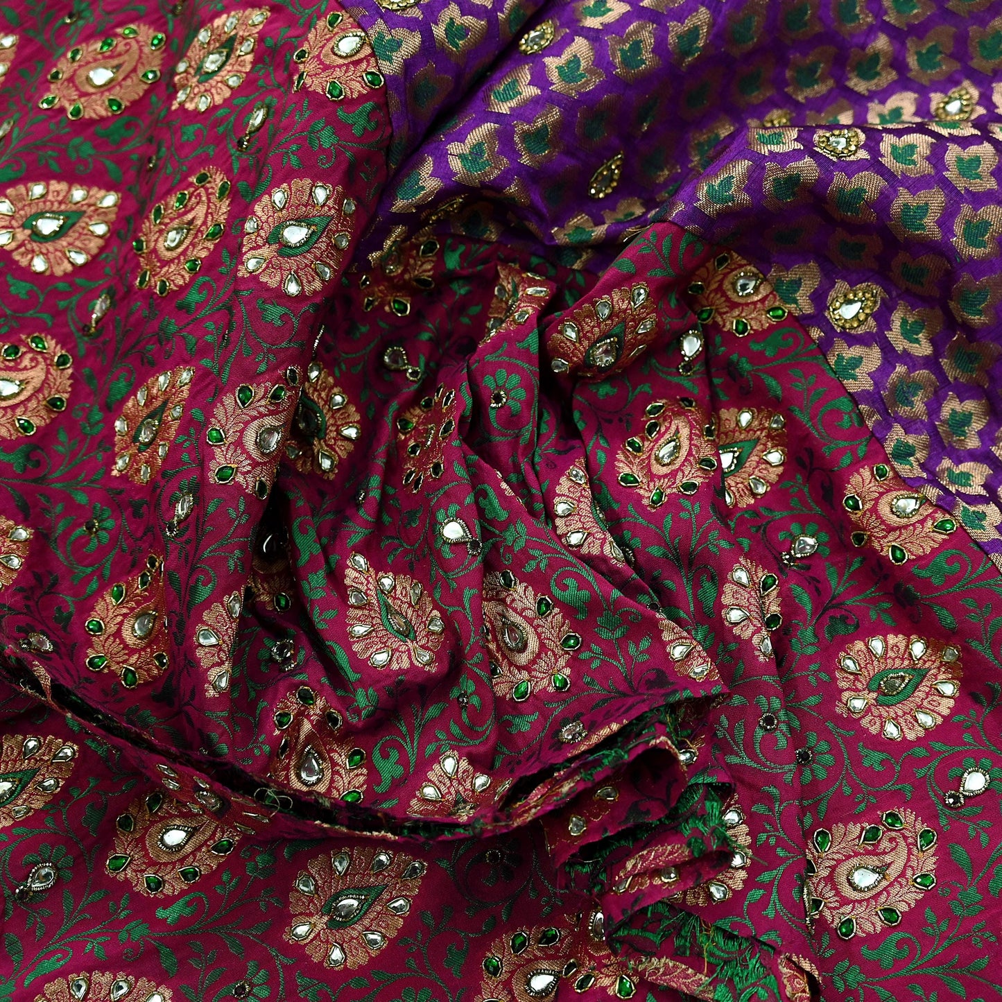 Indian Pink & Purple Chanderi Hand Hand Embroidred/Woven Brocade Banarasi Zari Design Fabric 110"X17" Used in Different Designing