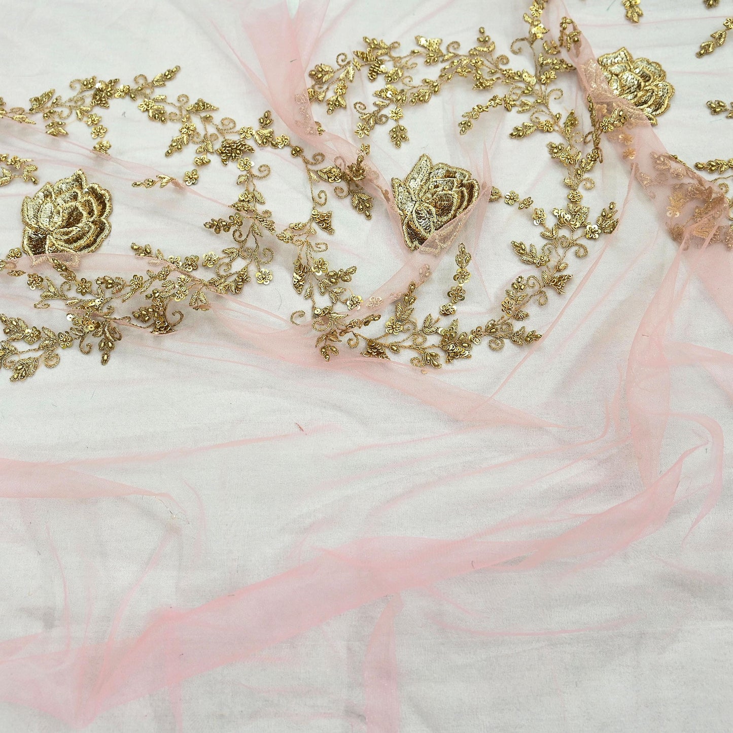Indian Vintage Light Peach Net/Mesh Design Fabric Dress Designing Sari Fabric Dressmaking For Craft Floral design 136"X47"
