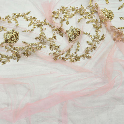 Indian Vintage Light Peach Net/Mesh Design Fabric Dress Designing Sari Fabric Dressmaking For Craft Floral design 136"X47"