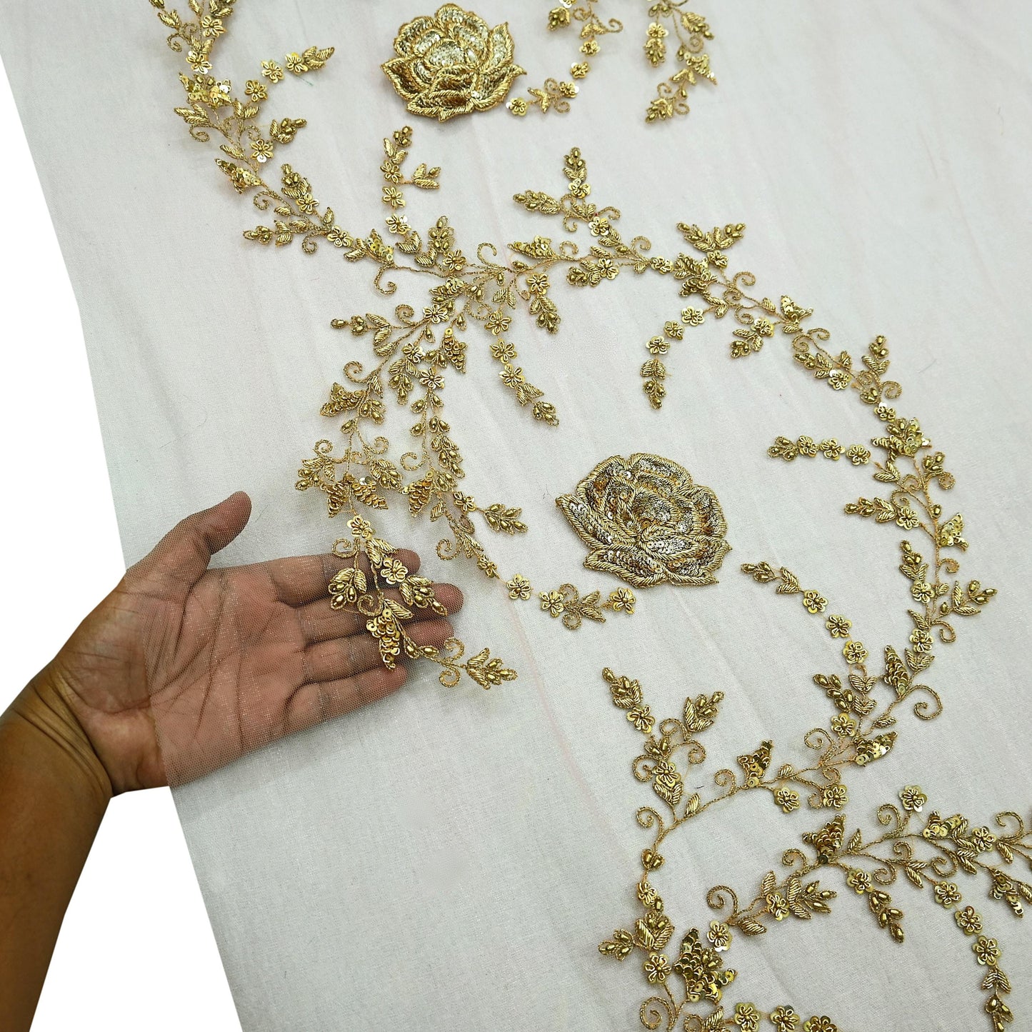 Indian Vintage Light Peach Net/Mesh Design Fabric Dress Designing Sari Fabric Dressmaking For Craft Floral design 136"X47"