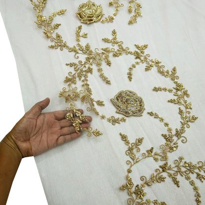 Indian Vintage Light Peach Net/Mesh Design Fabric Dress Designing Sari Fabric Dressmaking For Craft Floral design 136"X47"