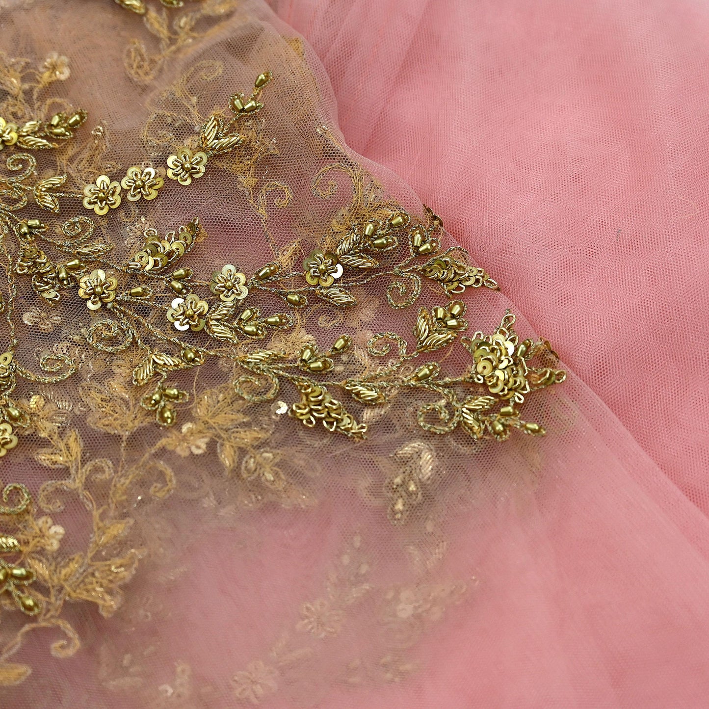 Indian Vintage Light Peach Net/Mesh Design Fabric Dress Designing Sari Fabric Dressmaking For Craft Floral design 136"X47"