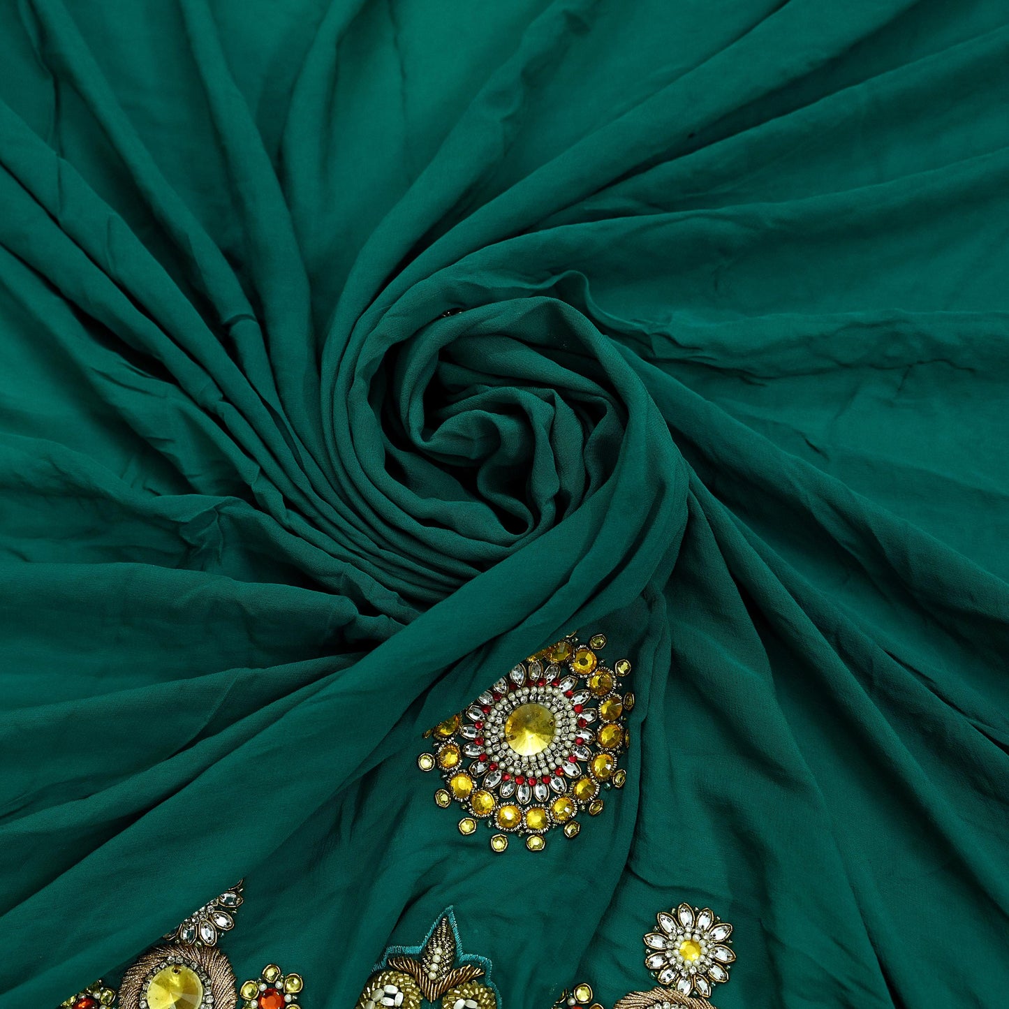 Indian Vintage Green Pure Georgette silk Hand Embroidered Design Fabric 55"X45" Zardozi/Dabka/Zari Crafting Quilting Dress making Crafting