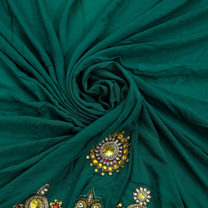 Indian Vintage Green Pure Georgette silk Hand Embroidered Design Fabric 55"X45" Zardozi/Dabka/Zari Crafting Quilting Dress making Crafting