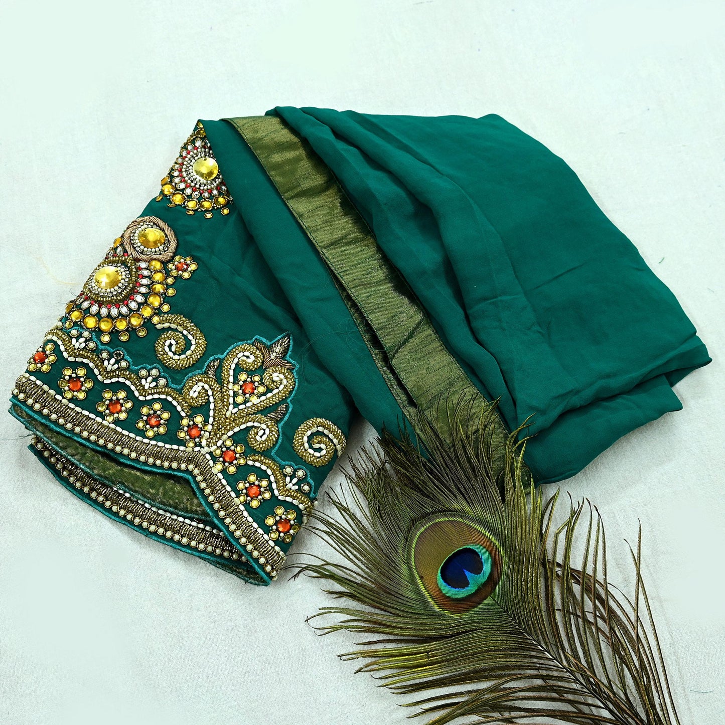 Indian Vintage Green Pure Georgette silk Hand Embroidered Design Fabric 55"X45" Zardozi/Dabka/Zari Crafting Quilting Dress making Crafting