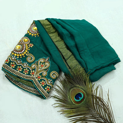 Indian Vintage Green Pure Georgette silk Hand Embroidered Design Fabric 55"X45" Zardozi/Dabka/Zari Crafting Quilting Dress making Crafting