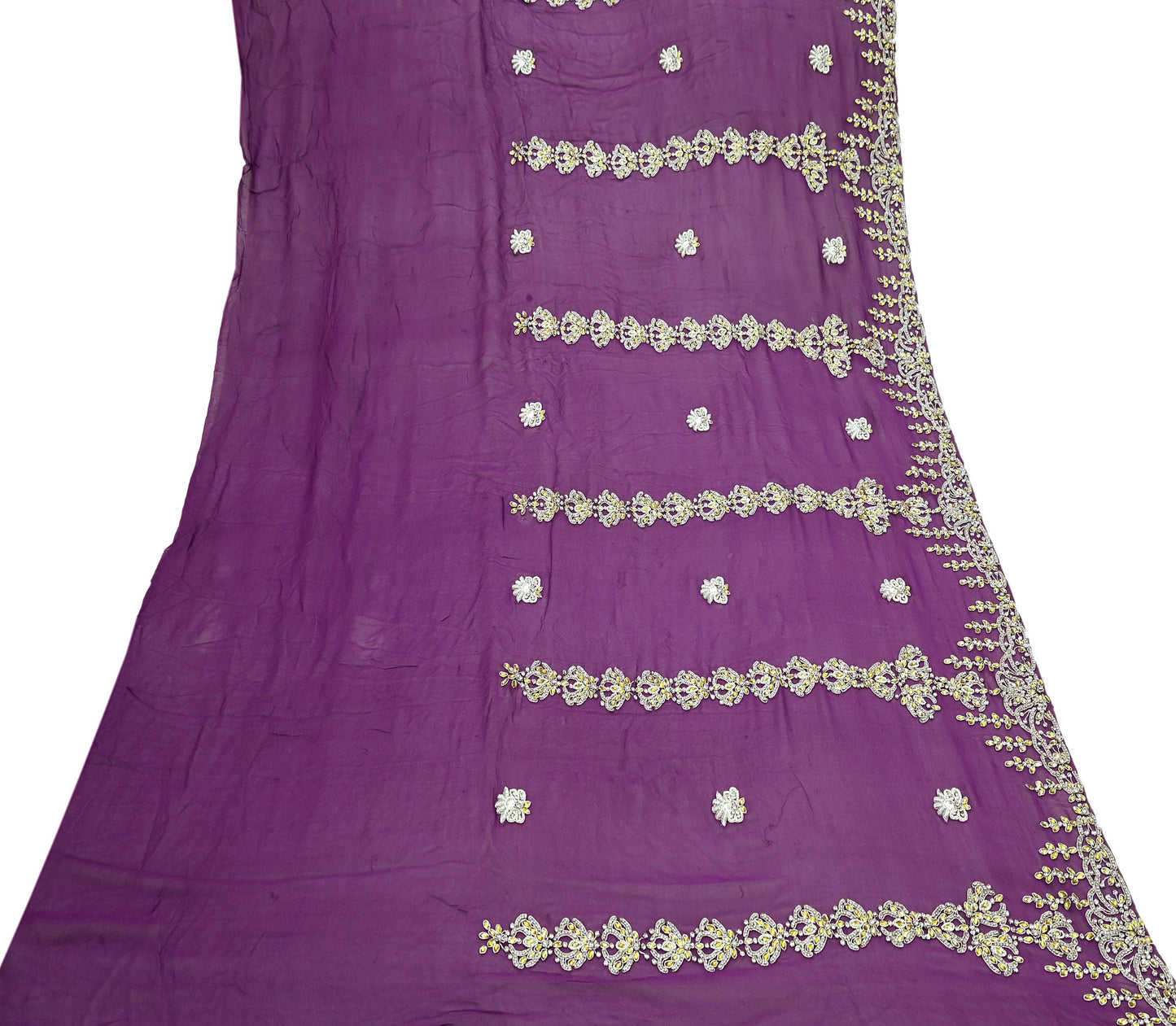 Indian Vintage Purple Pure Georgette silk Hand Embroidered Design Fabric 63"X45" Zardozi/Dabka/Zari Crafting Quilting Dress making Crafting