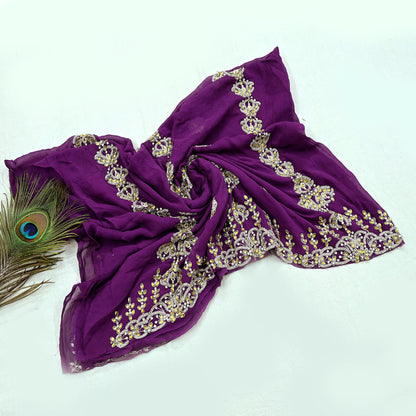 Indian Vintage Purple Pure Georgette silk Hand Embroidered Design Fabric 63"X45" Zardozi/Dabka/Zari Crafting Quilting Dress making Crafting