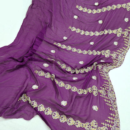 Indian Vintage Purple Pure Georgette silk Hand Embroidered Design Fabric 63"X45" Zardozi/Dabka/Zari Crafting Quilting Dress making Crafting