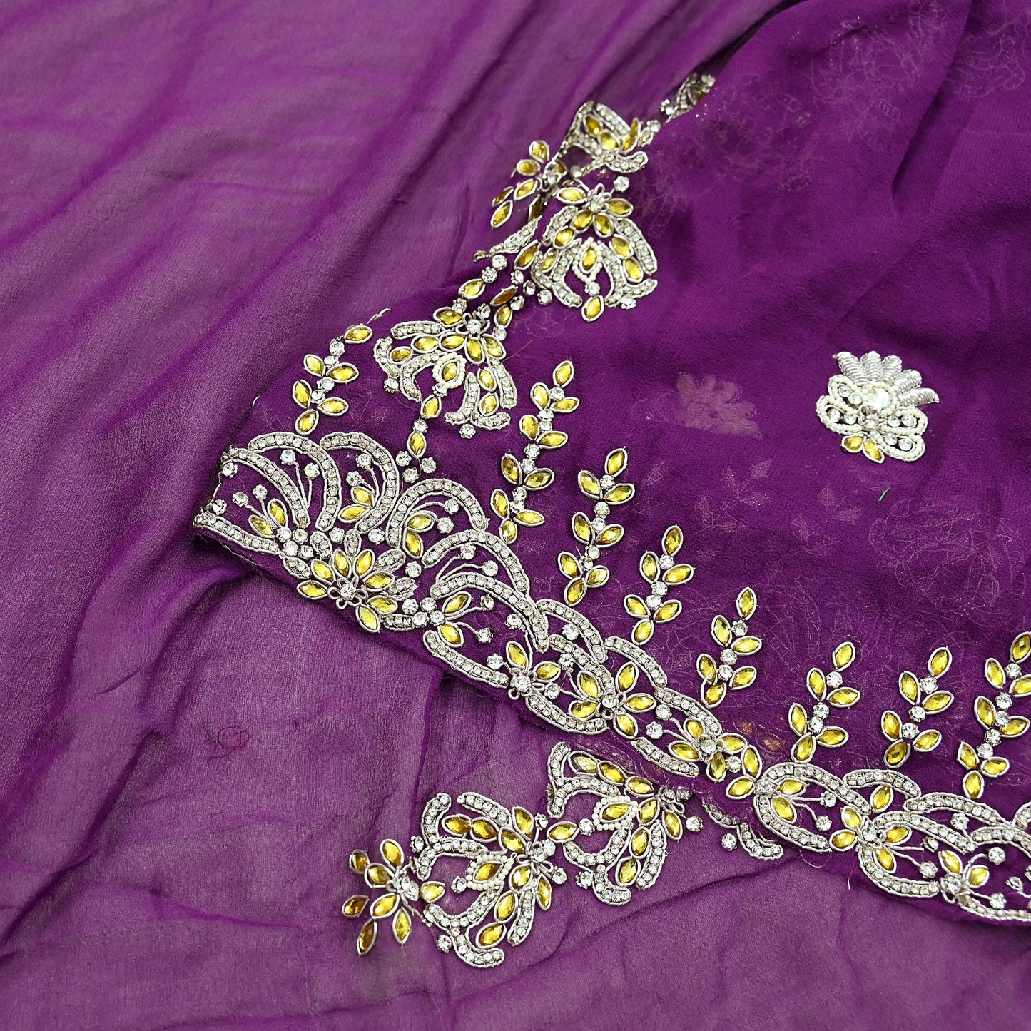 Indian Vintage Purple Pure Georgette silk Hand Embroidered Design Fabric 63"X45" Zardozi/Dabka/Zari Crafting Quilting Dress making Crafting