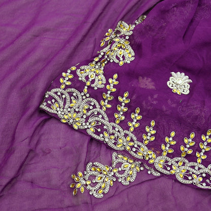 Indian Vintage Purple Pure Georgette silk Hand Embroidered Design Fabric 63"X45" Zardozi/Dabka/Zari Crafting Quilting Dress making Crafting