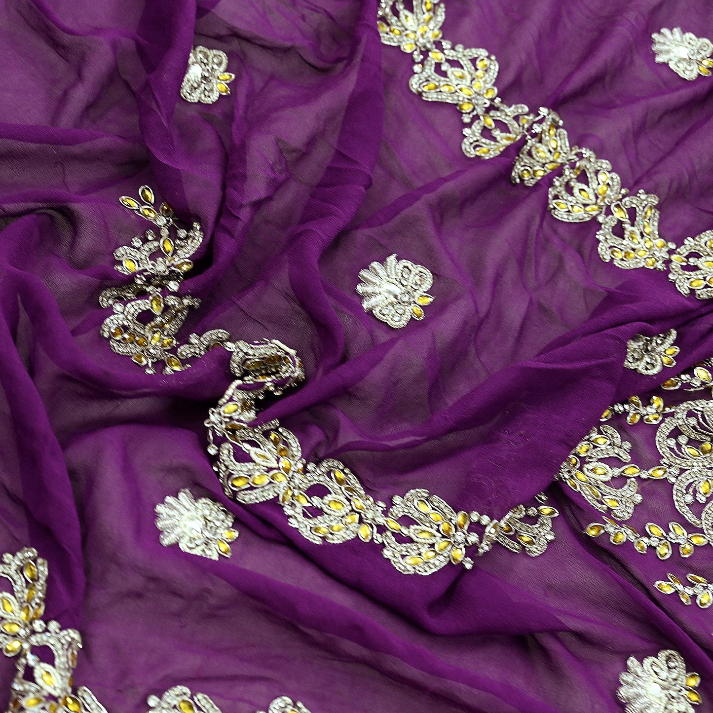 Indian Vintage Purple Pure Georgette silk Hand Embroidered Design Fabric 63"X45" Zardozi/Dabka/Zari Crafting Quilting Dress making Crafting