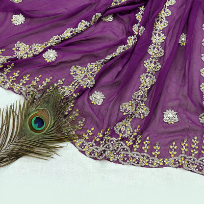 Indian Vintage Purple Pure Georgette silk Hand Embroidered Design Fabric 63"X45" Zardozi/Dabka/Zari Crafting Quilting Dress making Crafting