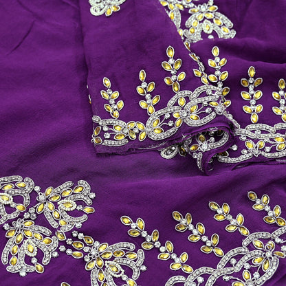 Indian Vintage Purple Pure Georgette silk Hand Embroidered Design Fabric 63"X45" Zardozi/Dabka/Zari Crafting Quilting Dress making Crafting