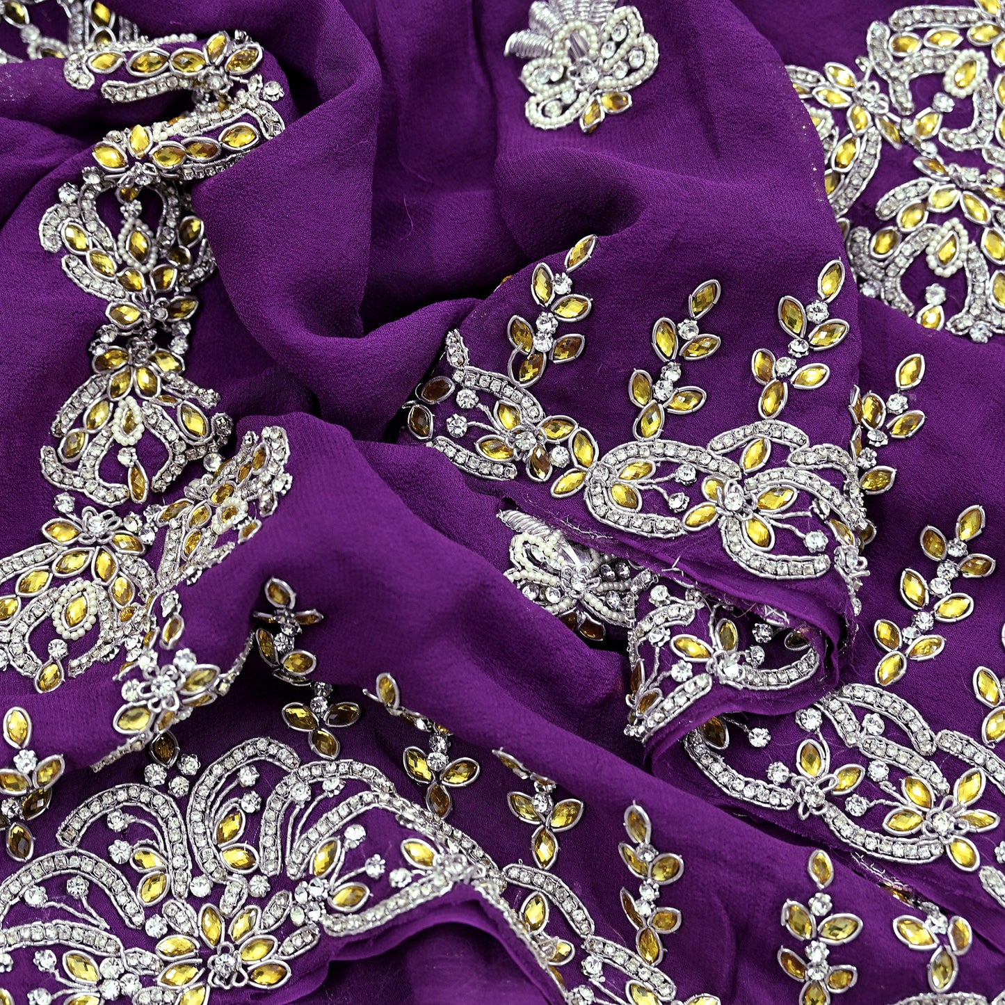 Indian Vintage Purple Pure Georgette silk Hand Embroidered Design Fabric 63"X45" Zardozi/Dabka/Zari Crafting Quilting Dress making Crafting