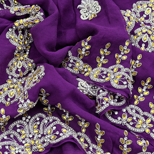 Indian Vintage Purple Pure Georgette silk Hand Embroidered Design Fabric 63"X45" Zardozi/Dabka/Zari Crafting Quilting Dress making Crafting
