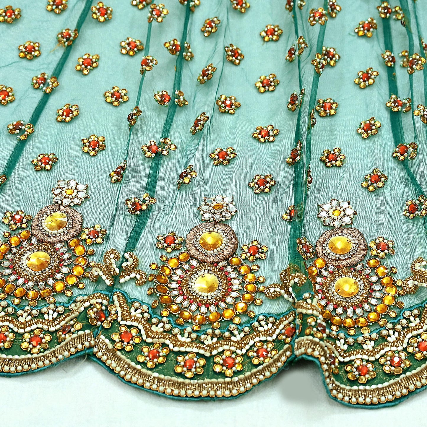 Indian Vintage Green Net/Mesh Design Fabric Dress Designing Sari Fabric Dressmaking For Craft Floral design