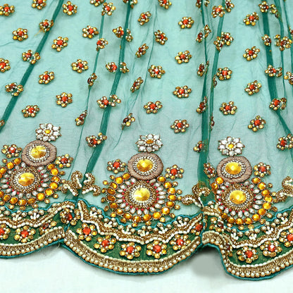 Indian Vintage Green Net/Mesh Design Fabric Dress Designing Sari Fabric Dressmaking For Craft Floral design