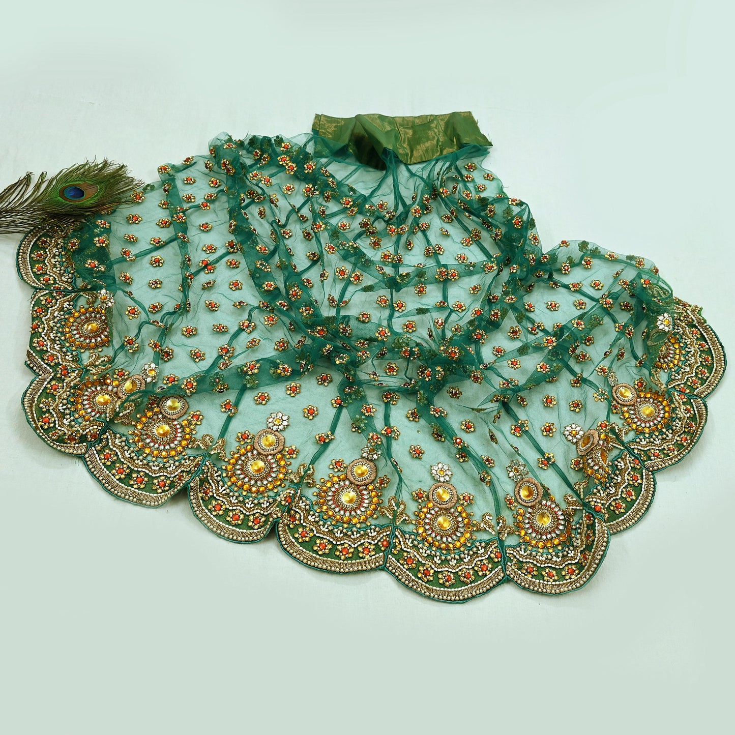 Indian Vintage Green Net/Mesh Design Fabric Dress Designing Sari Fabric Dressmaking For Craft Floral design