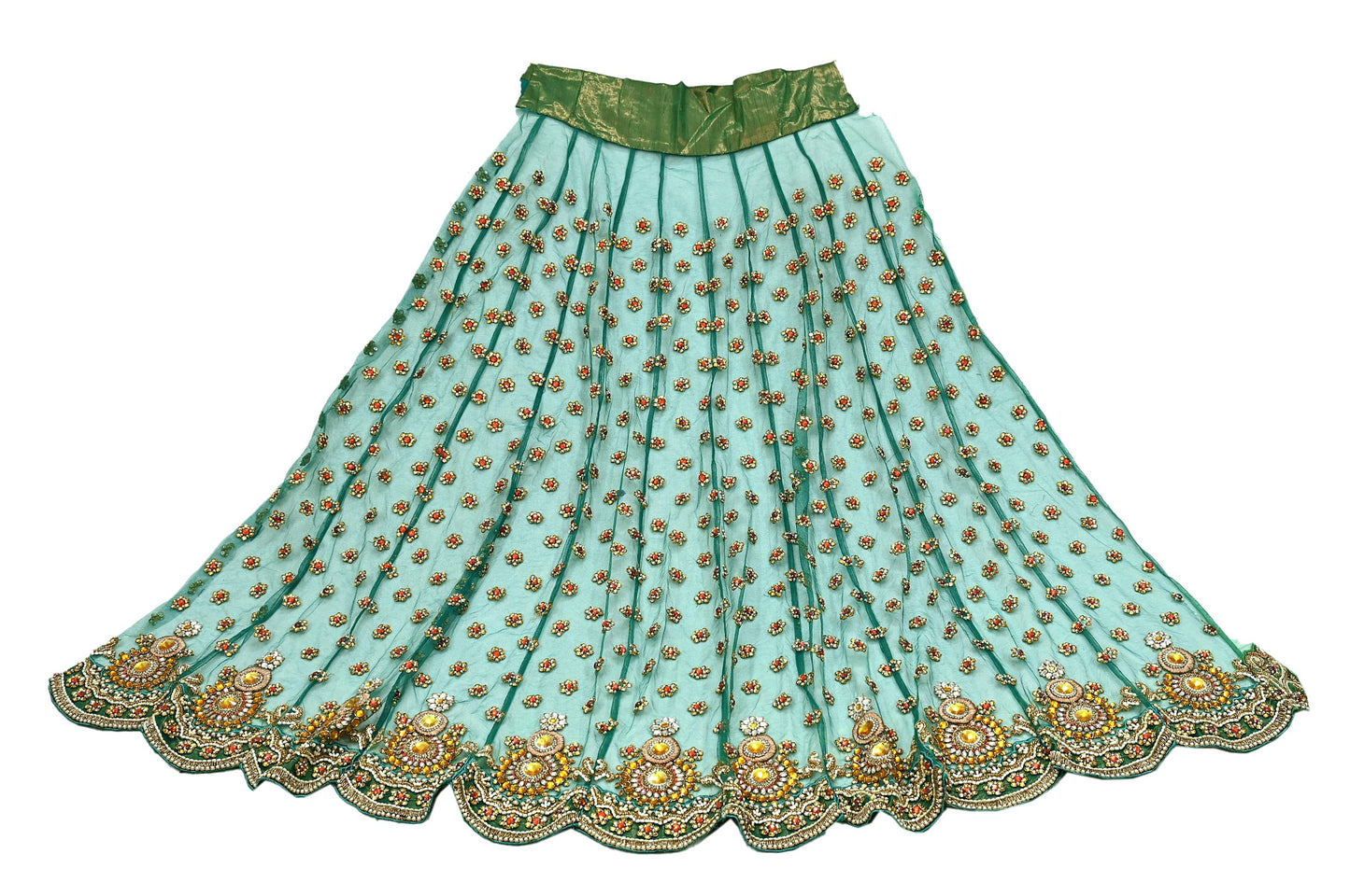 Indian Vintage Green Net/Mesh Design Fabric Dress Designing Sari Fabric Dressmaking For Craft Floral design