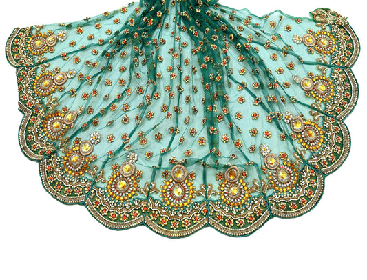 Indian Vintage Green Net/Mesh Design Fabric Dress Designing Sari Fabric Dressmaking For Craft Floral design