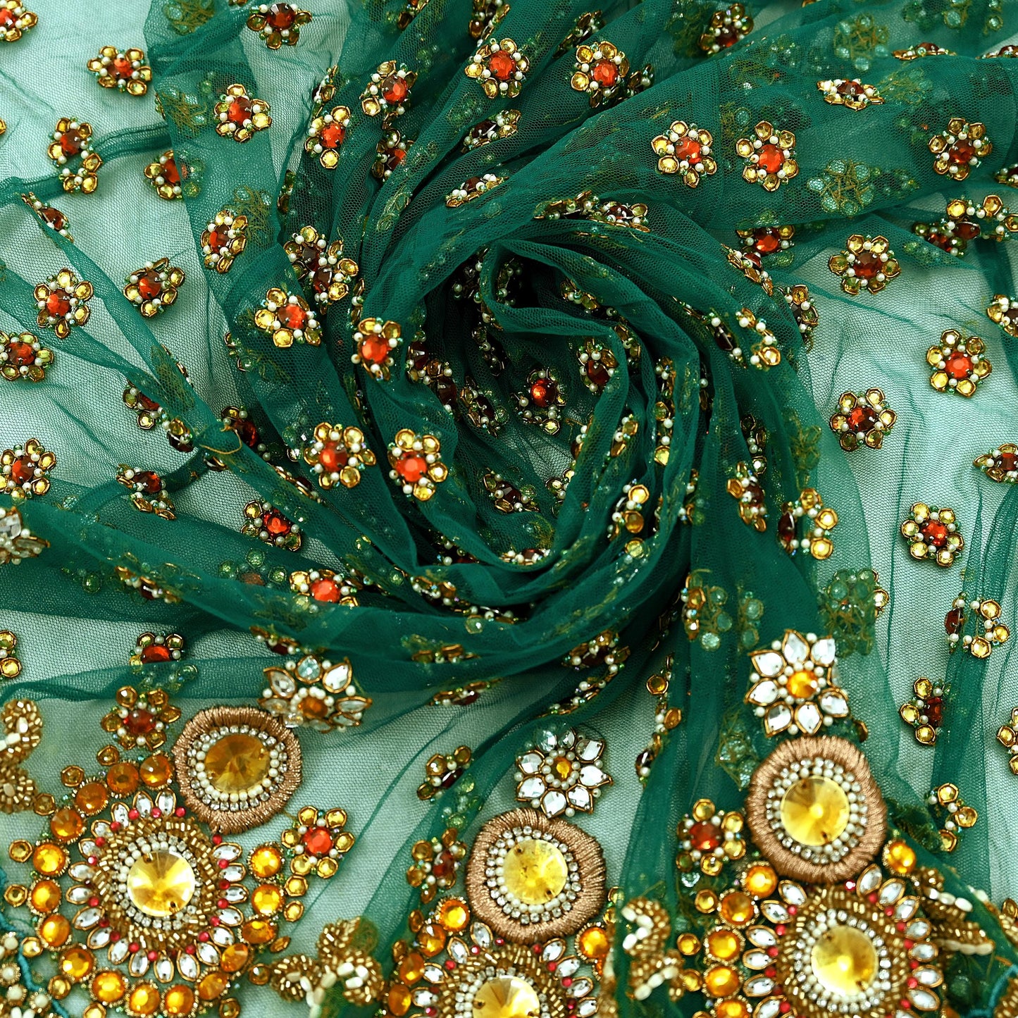 Indian Vintage Green Net/Mesh Design Fabric Dress Designing Sari Fabric Dressmaking For Craft Floral design