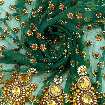 Indian Vintage Green Net/Mesh Design Fabric Dress Designing Sari Fabric Dressmaking For Craft Floral design