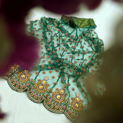 Indian Vintage Green Net/Mesh Design Fabric Dress Designing Sari Fabric Dressmaking For Craft Floral design