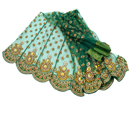Indian Vintage Green Net/Mesh Design Fabric Dress Designing Sari Fabric Dressmaking For Craft Floral design
