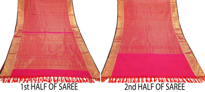 Indian Vintage Heavy Rani Pink Hand woven Kanjivaram Saree 100% Pure Silk Sari Metallic Golden Zari 5Yd Floral Crafting Dress making Fringes