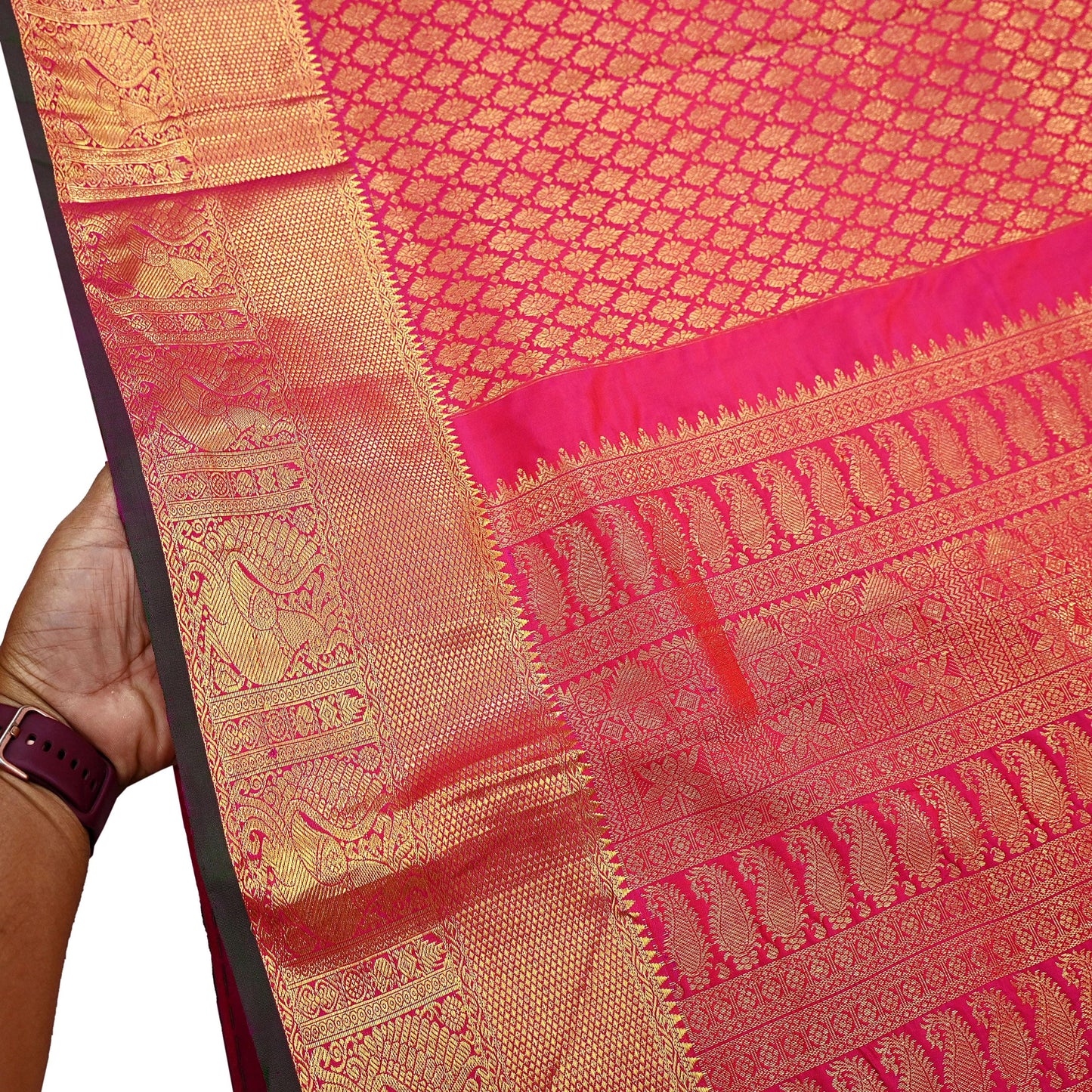 Indian Vintage Heavy Rani Pink Hand woven Kanjivaram Saree 100% Pure Silk Sari Metallic Golden Zari 5Yd Floral Crafting Dress making Fringes