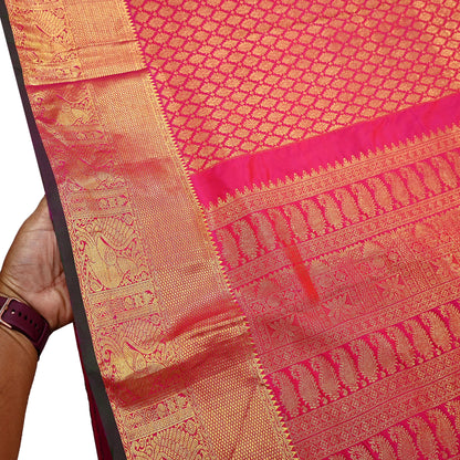 Indian Vintage Heavy Rani Pink Hand woven Kanjivaram Saree 100% Pure Silk Sari Metallic Golden Zari 5Yd Floral Crafting Dress making Fringes